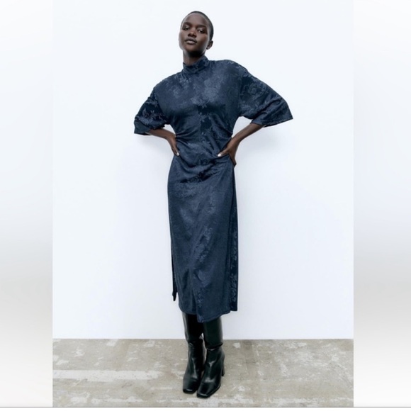Zara Dresses & Skirts - ZARA Elegant Flattering Navy Blue Jacquard Kimono Women's Dress Bell Sleeve $129